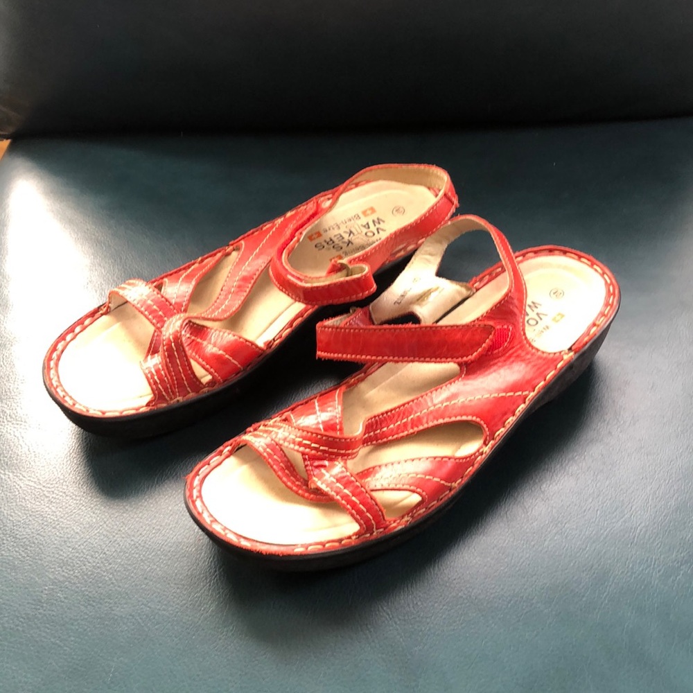 Volks Walkers Well-Being Red Leather Strappy Sandals with Velcro Closure EU 40